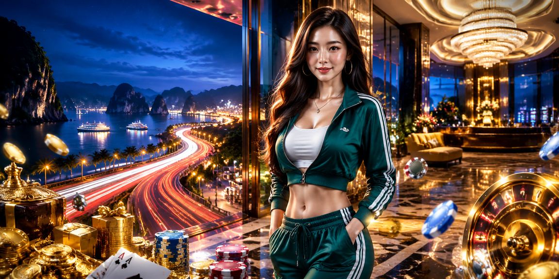 Cảnh vịnh Hạ Long về đêm với ánh đèn neon casino lung linh trên mặt nước