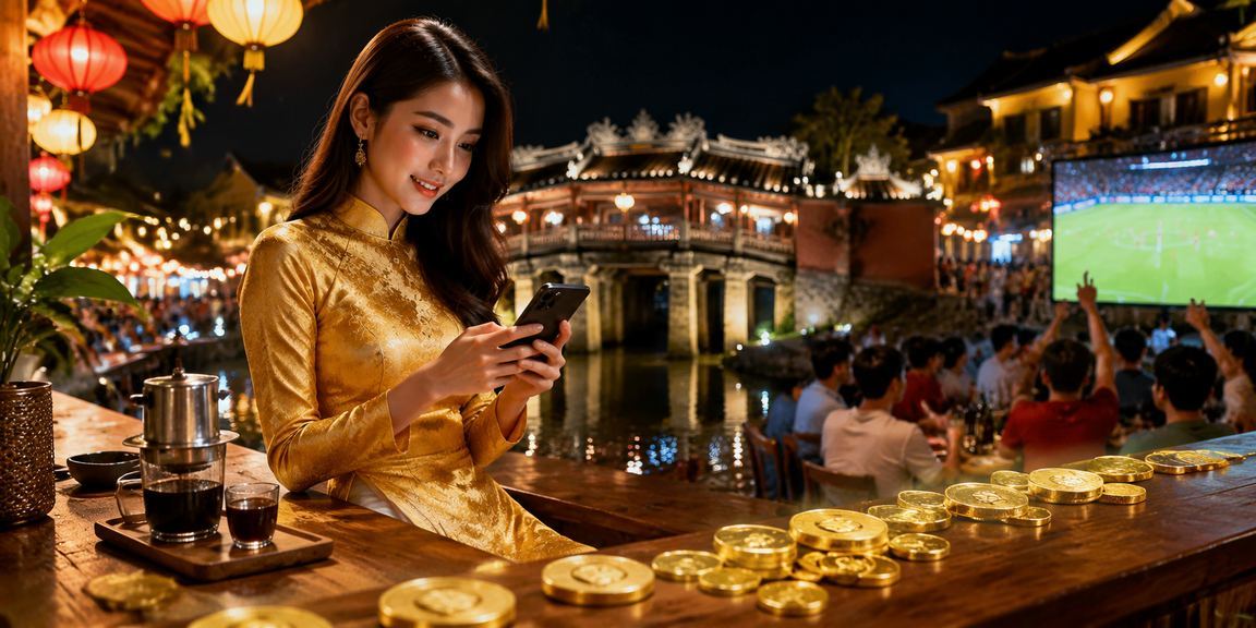 Phụ nữ mặc áo dài tại Hội An sử dụng ứng dụng casino di động trong không gian phố cổ